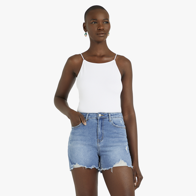 News Denim High Waist Denim Shorts with Rip Detail