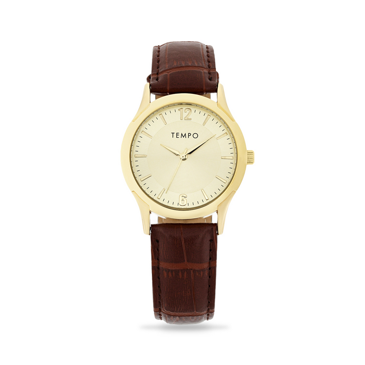 Tempo Men's Gold Tone Analogue Brown Leather Watch
