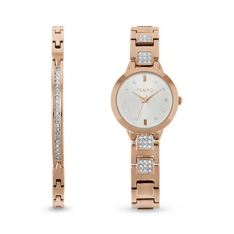 Tempo Ladies Rose Toned Watch & Bracelet Set