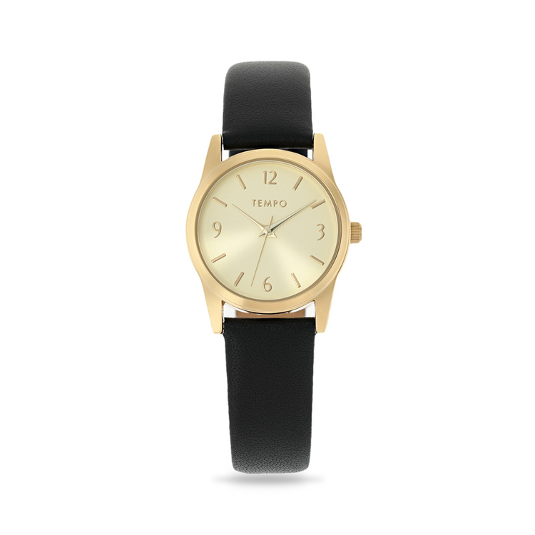 Tempo Women's Gold Plated Black Leather Watch
