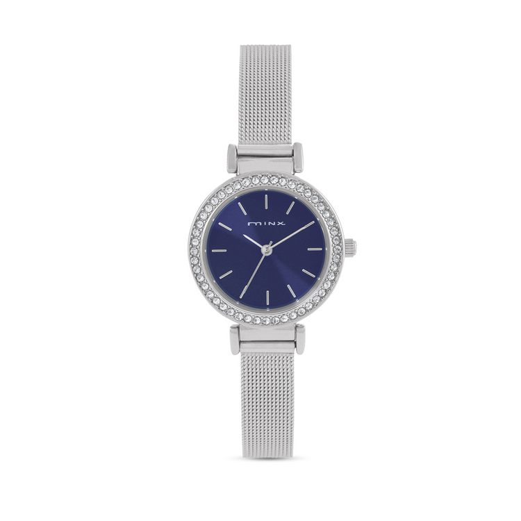 Minx Ladies Silver Toned Navy Dial Mesh Watch
