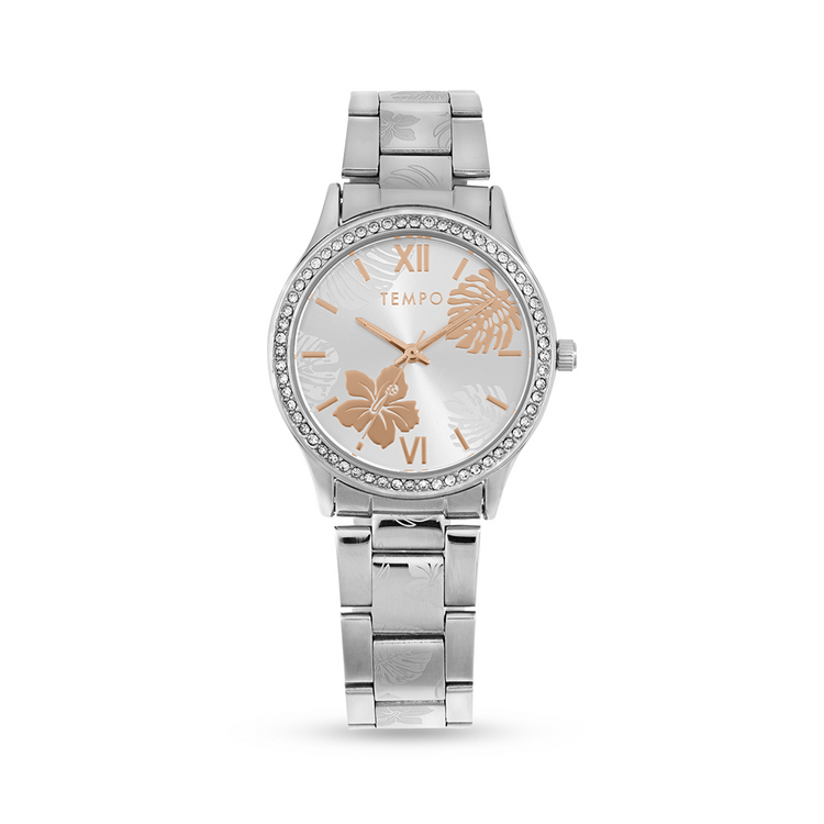 Tempo Ladies Silver Toned Watch with Rose Gold Accents