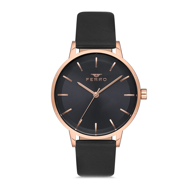 Ferro Ladies Black Leather Analogue Watch