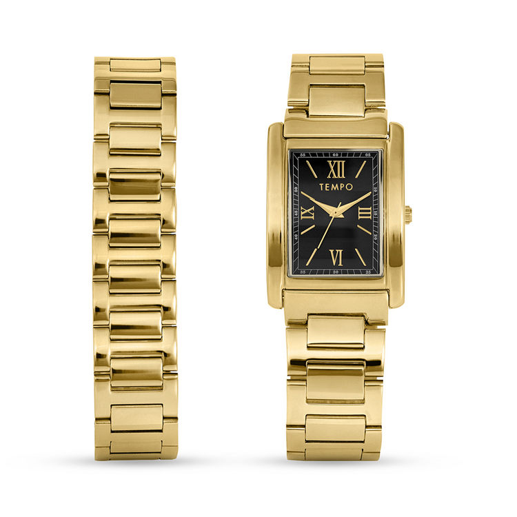 Tempo Men’s Gold Plated & Black Dial Rectangle Bracelet Watch Set