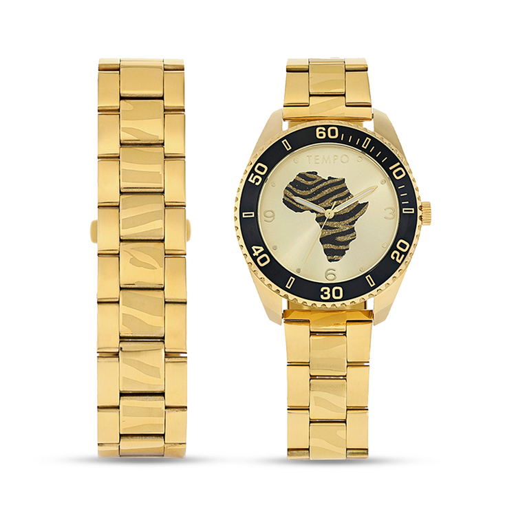 Tempo Men’s Gold Plated Africa Dial Bracelet Watch Set