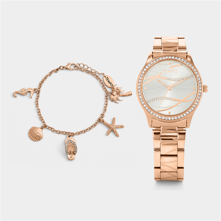 Tempo Women’s Rose Plated Bracelet Wave Watch & Charm Bracelet Set