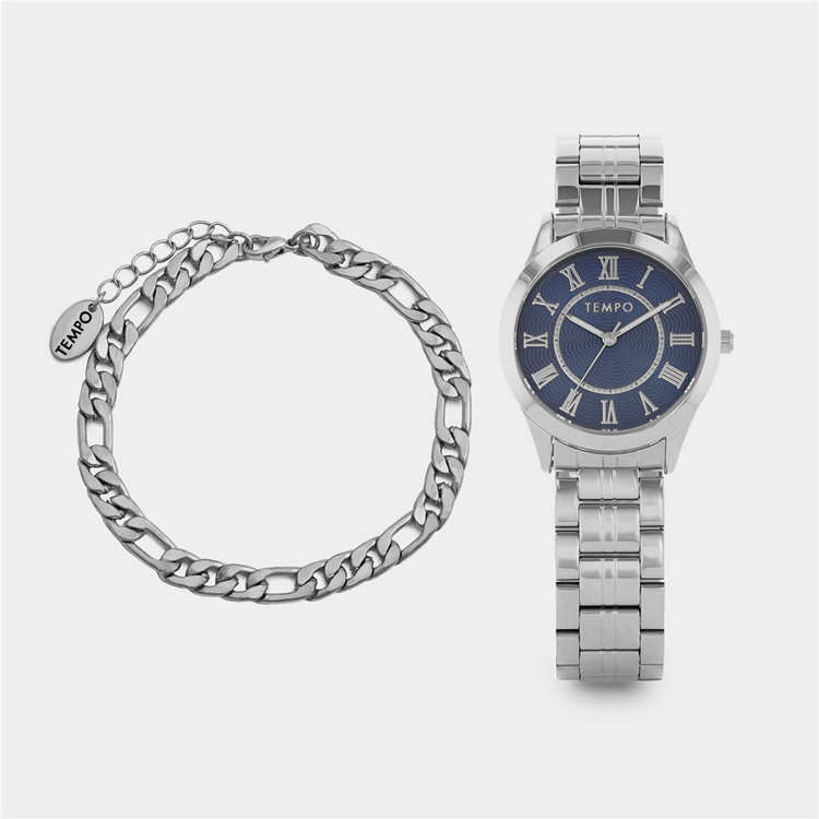 Tempo Men’s Silver Plated Blue Dial Bracelet Watch & Curb Bracelet Set