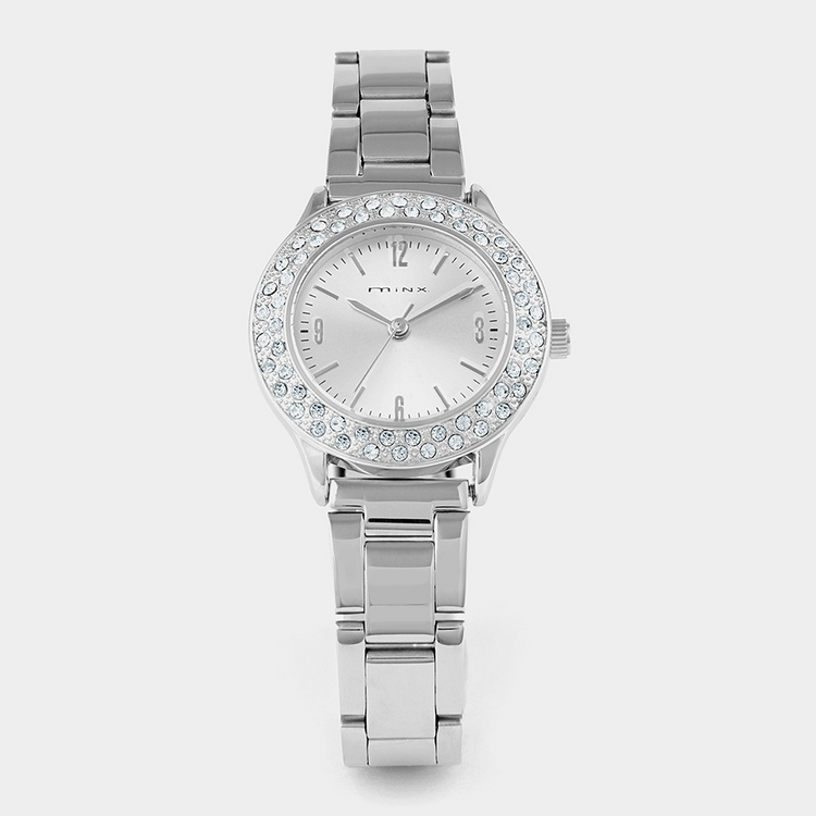 Minx Women’s Silver Plated CrystalEmbellished Mesh Watch