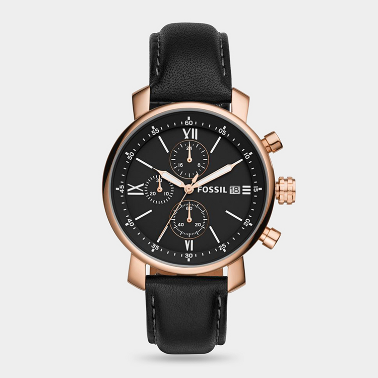 Fossil Men's Rhett Rose Gold Plated & Black Leather Chronograph Watch