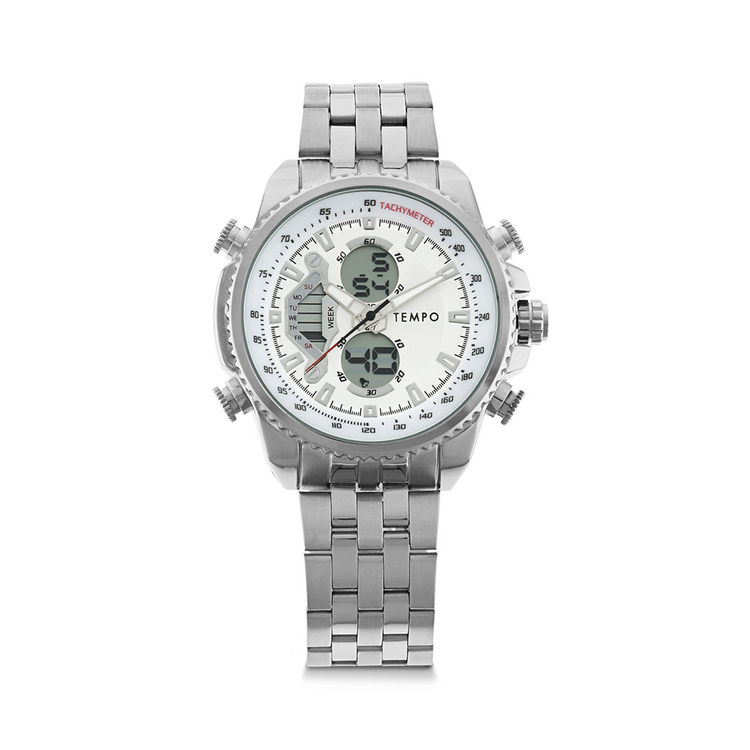 Tempo Men's Silver Plated Sporty Multi Function AnaDigi Watch