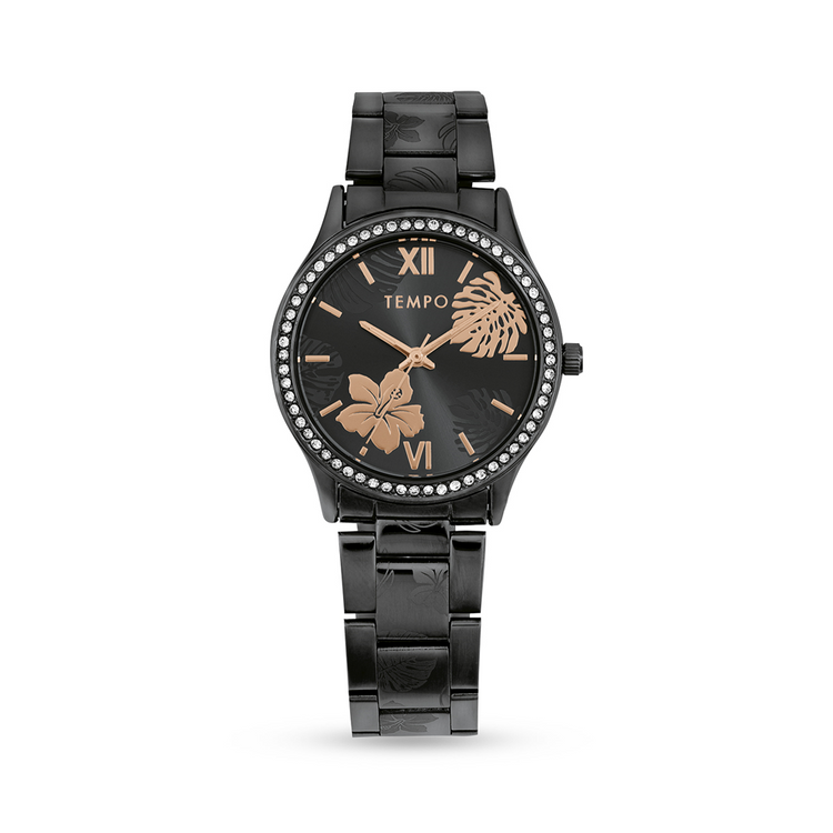 Tempo Ladies Black Tone Watch with Rose Gold Floral Detail and Crystals