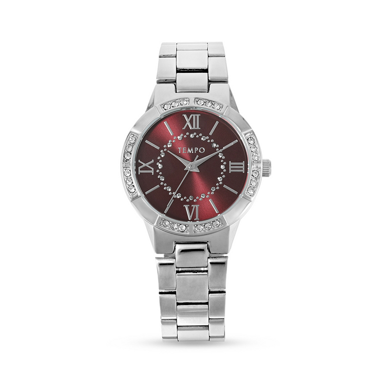 Tempo ladies Silver Toned Watch with Berry Colour Dial
