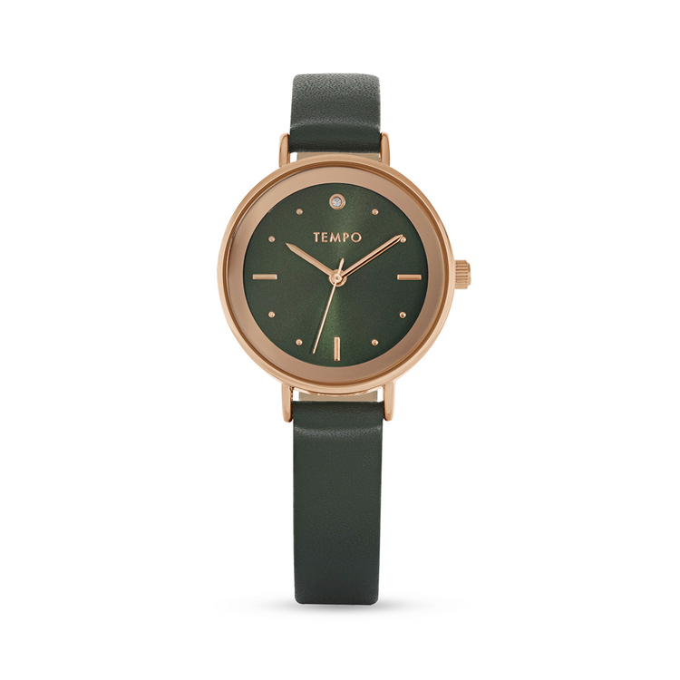 Tempo Ladies Rose Toned and Green Leather Watch