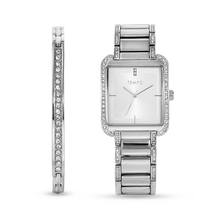 Tempo Ladies’ Silver Plated Crystal Rectangle Bracelet Watch Set