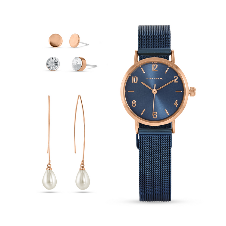 Minx Women’s Rose Plated & Blue Mesh Strap Watch Set