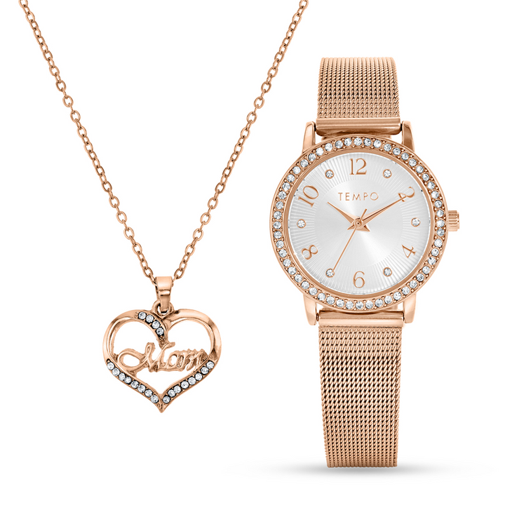 Tempo Ladies Rose & Silver Plated Mesh Watch & Mom Pendant Set