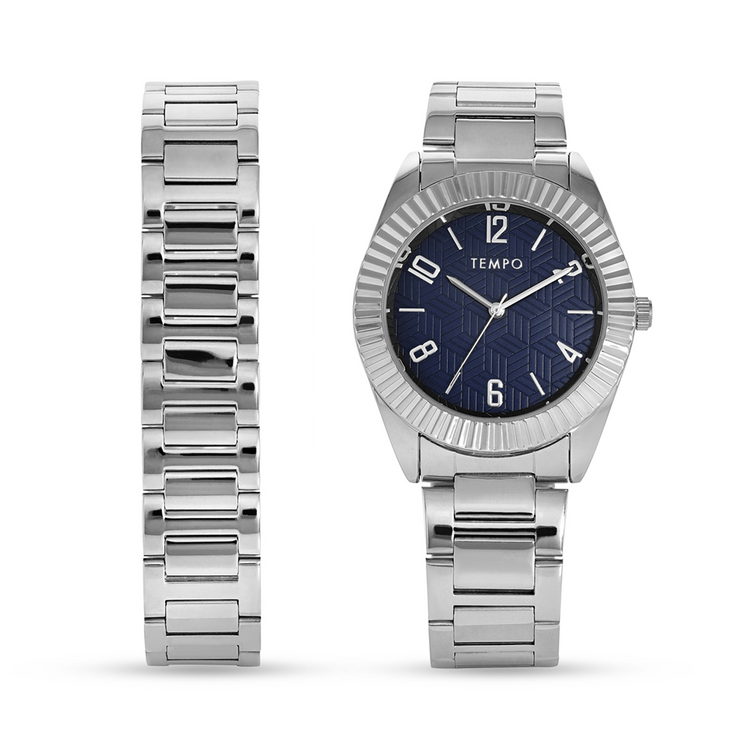 Tempo Men’s Silver Plated Blue Dial Bracelet Watch Set