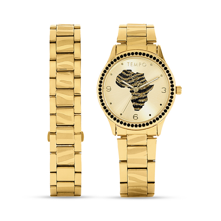 tempo-women-s-gold-plated-africa-dial-bracelet-watch-set